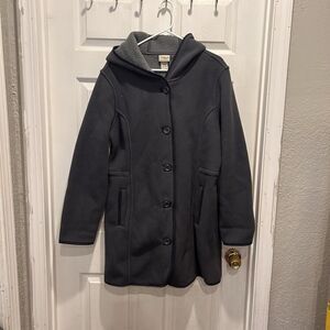 LL Bean Fleece Hooded Mid Length‎ Button Down Jacket Womens Size Large Gray